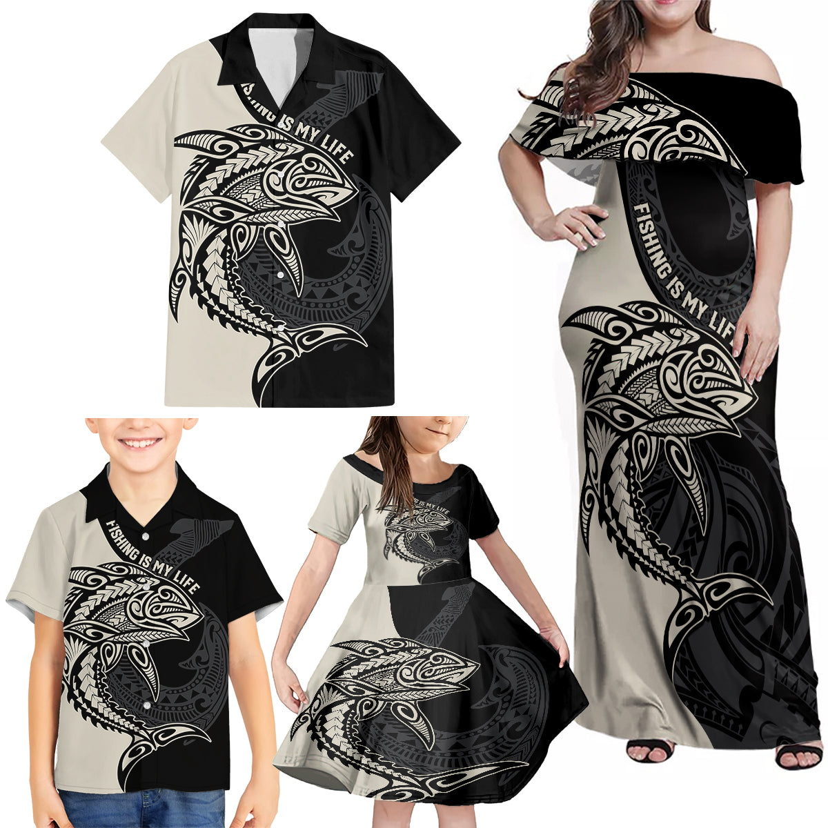 Personalised Polynesia Fishing Family Matching Off Shoulder Maxi Dress and Hawaiian Shirt With Maori Hei Matau Fish Hook Gold Art LT9 - Wonder Print Shop