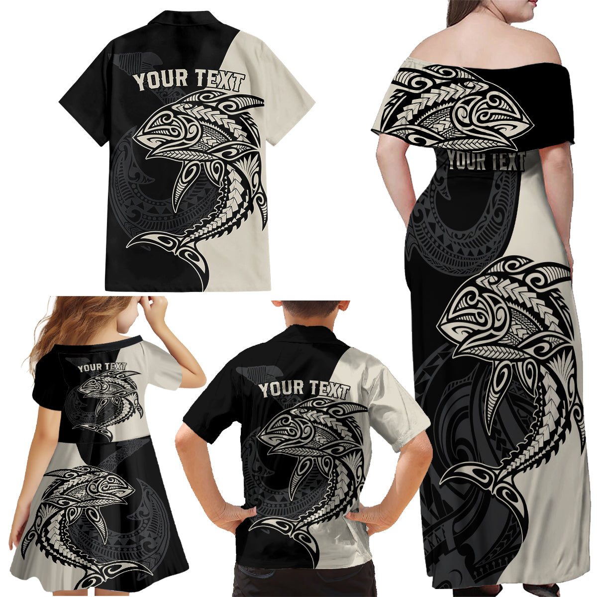 Personalised Polynesia Fishing Family Matching Off Shoulder Maxi Dress and Hawaiian Shirt With Maori Hei Matau Fish Hook Gold Art LT9 - Wonder Print Shop