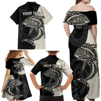 Personalised Polynesia Fishing Family Matching Off Shoulder Maxi Dress and Hawaiian Shirt With Maori Hei Matau Fish Hook Gold Art LT9 - Wonder Print Shop