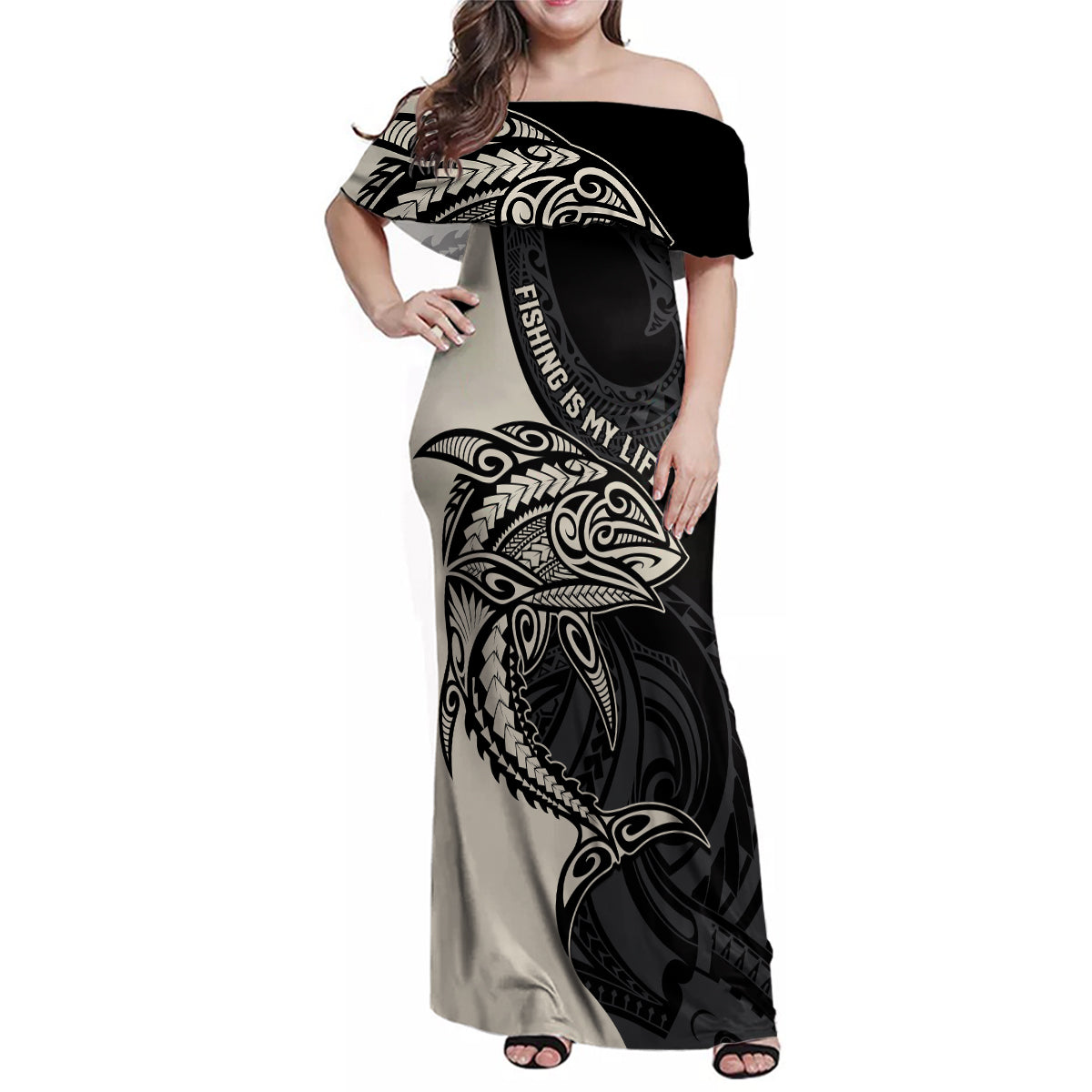 Personalised Polynesia Fishing Family Matching Off Shoulder Maxi Dress and Hawaiian Shirt With Maori Hei Matau Fish Hook Gold Art LT9 - Wonder Print Shop