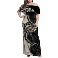 Personalised Polynesia Fishing Family Matching Off Shoulder Maxi Dress and Hawaiian Shirt With Maori Hei Matau Fish Hook Gold Art LT9 - Wonder Print Shop