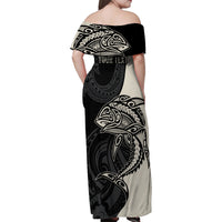 Personalised Polynesia Fishing Family Matching Off Shoulder Maxi Dress and Hawaiian Shirt With Maori Hei Matau Fish Hook Gold Art LT9 - Wonder Print Shop