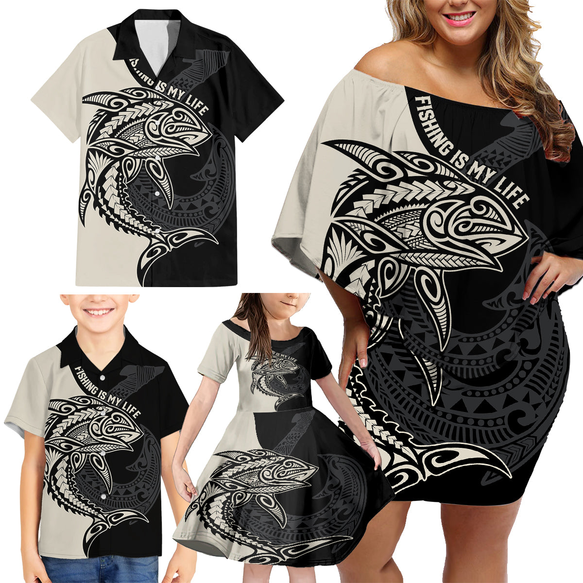 Personalised Polynesia Fishing Family Matching Off Shoulder Short Dress and Hawaiian Shirt With Maori Hei Matau Fish Hook Gold Art LT9 - Wonder Print Shop