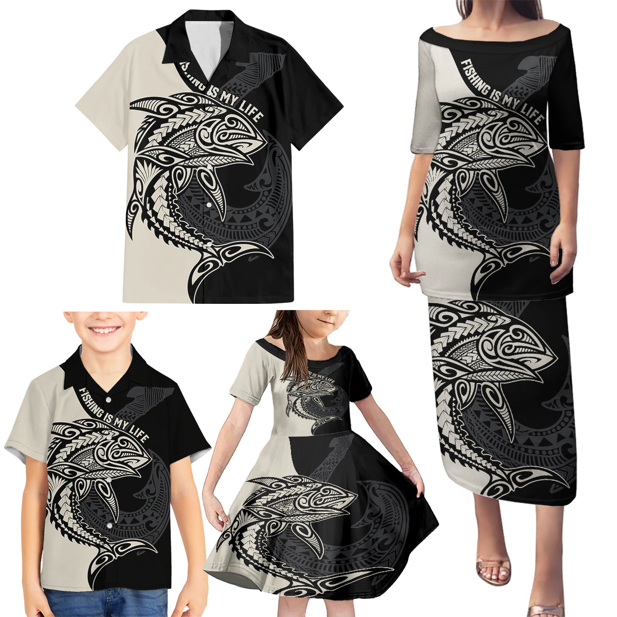Personalised Polynesia Fishing Family Matching Puletasi Dress and Hawaiian Shirt With Maori Hei Matau Fish Hook Gold Art - Wonder Print Shop
