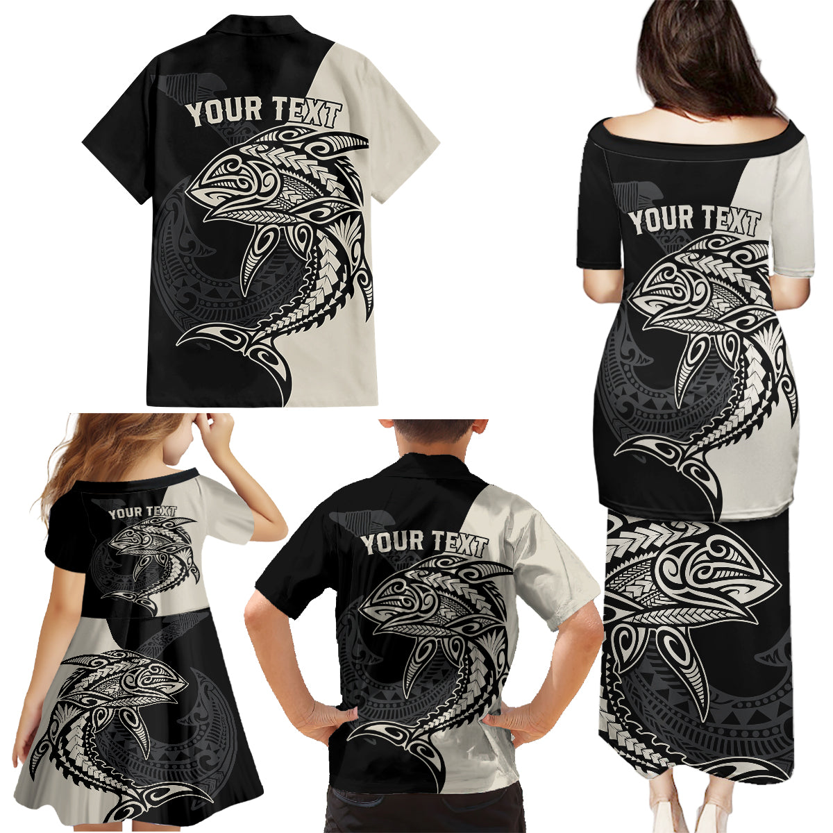 Personalised Polynesia Fishing Family Matching Puletasi Dress and Hawaiian Shirt With Maori Hei Matau Fish Hook Gold Art - Wonder Print Shop