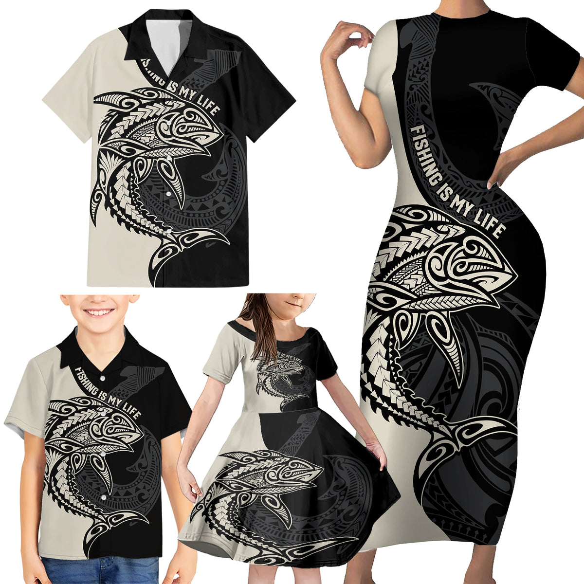 Personalised Polynesia Fishing Family Matching Short Sleeve Bodycon Dress and Hawaiian Shirt With Maori Hei Matau Fish Hook Gold Art - Wonder Print Shop