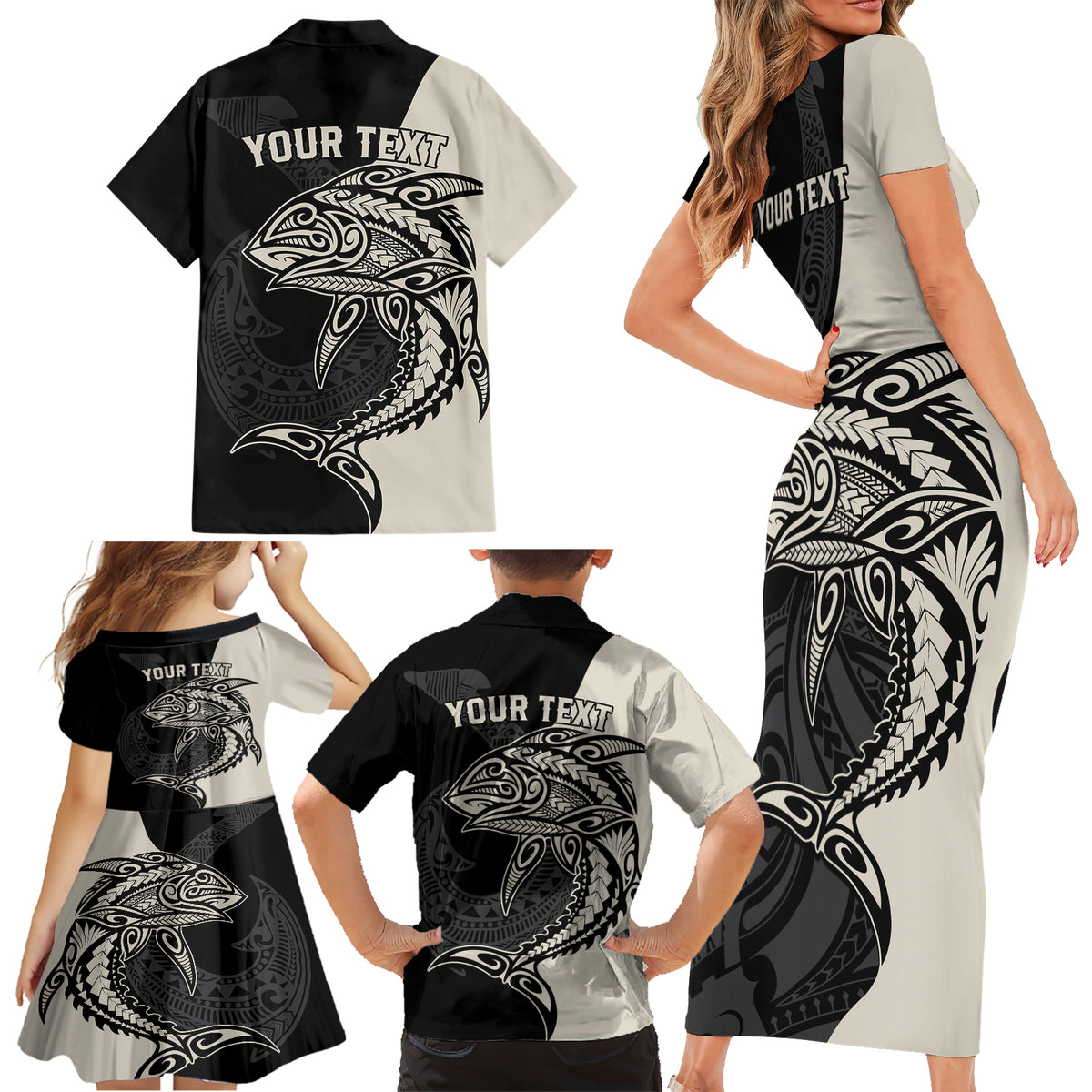 Personalised Polynesia Fishing Family Matching Short Sleeve Bodycon Dress and Hawaiian Shirt With Maori Hei Matau Fish Hook Gold Art - Wonder Print Shop