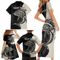 Personalised Polynesia Fishing Family Matching Short Sleeve Bodycon Dress and Hawaiian Shirt With Maori Hei Matau Fish Hook Gold Art - Wonder Print Shop