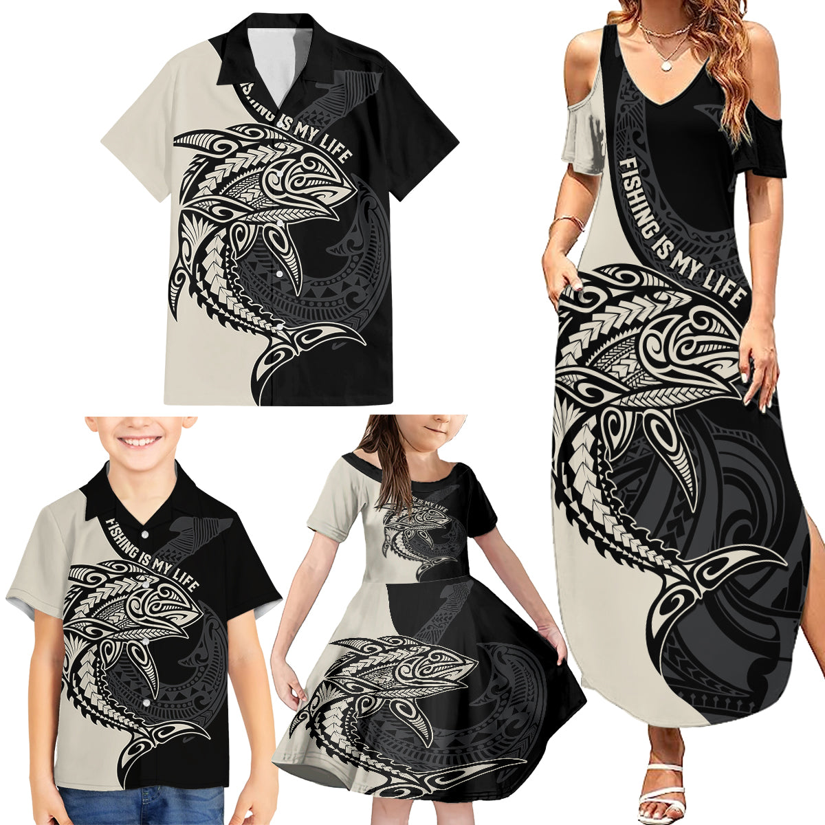 Personalised Polynesia Fishing Family Matching Summer Maxi Dress and Hawaiian Shirt With Maori Hei Matau Fish Hook Gold Art - Wonder Print Shop