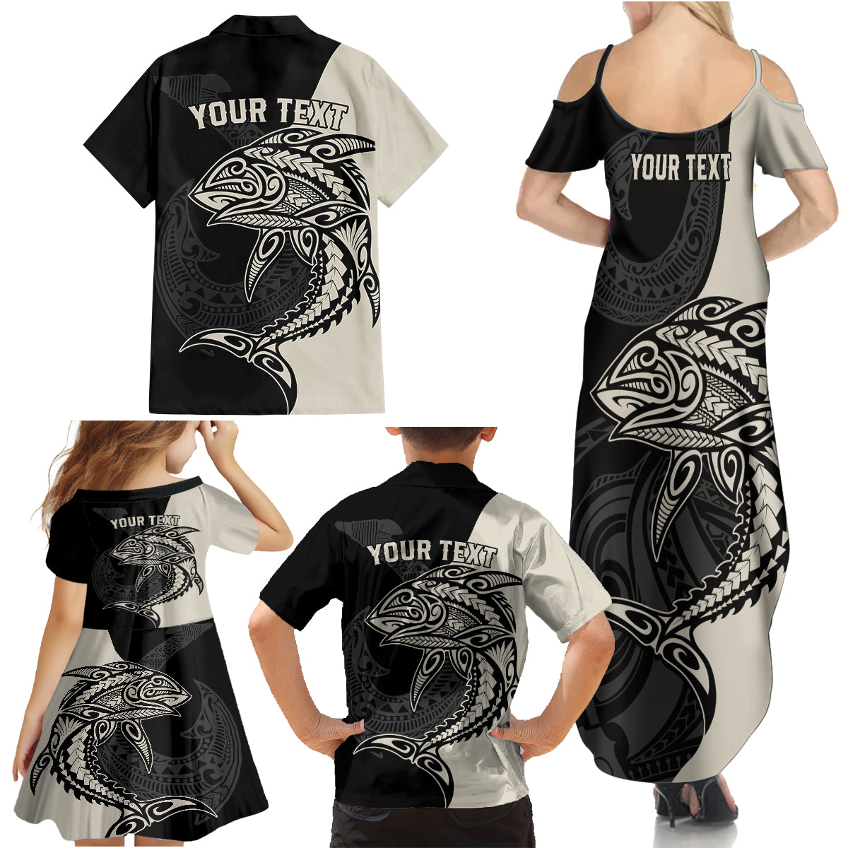 Personalised Polynesia Fishing Family Matching Summer Maxi Dress and Hawaiian Shirt With Maori Hei Matau Fish Hook Gold Art - Wonder Print Shop