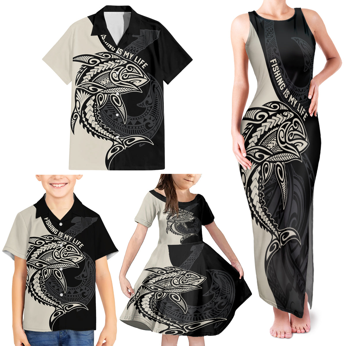 Personalised Polynesia Fishing Family Matching Tank Maxi Dress and Hawaiian Shirt With Maori Hei Matau Fish Hook Gold Art - Wonder Print Shop