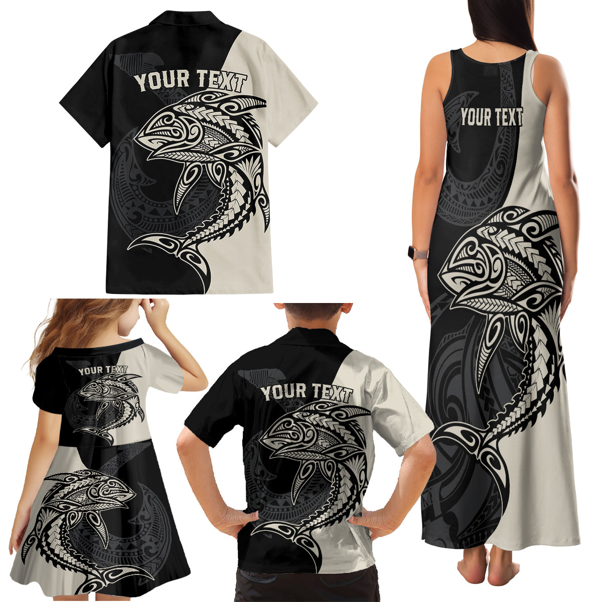 Personalised Polynesia Fishing Family Matching Tank Maxi Dress and Hawaiian Shirt With Maori Hei Matau Fish Hook Gold Art - Wonder Print Shop