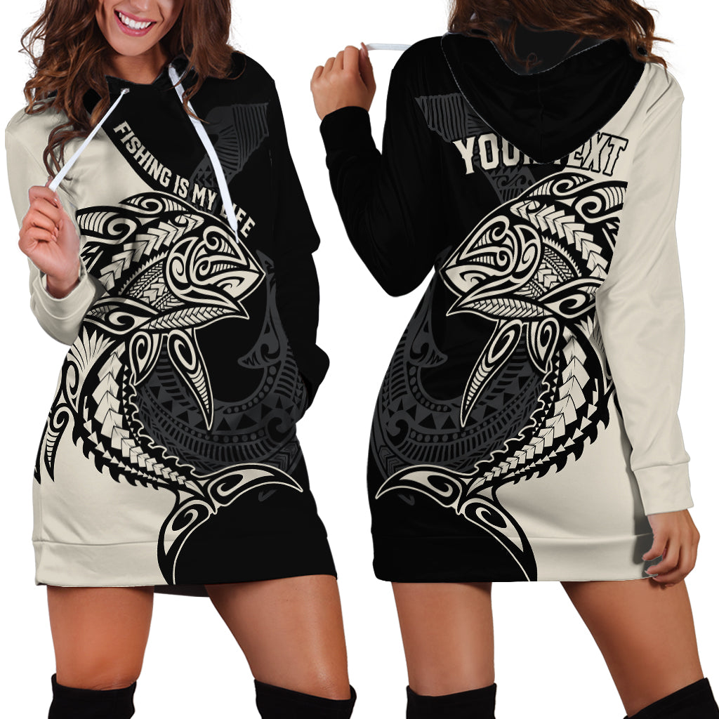 Personalised Polynesia Fishing Hoodie Dress With Maori Hei Matau Fish Hook Gold Art - Wonder Print Shop