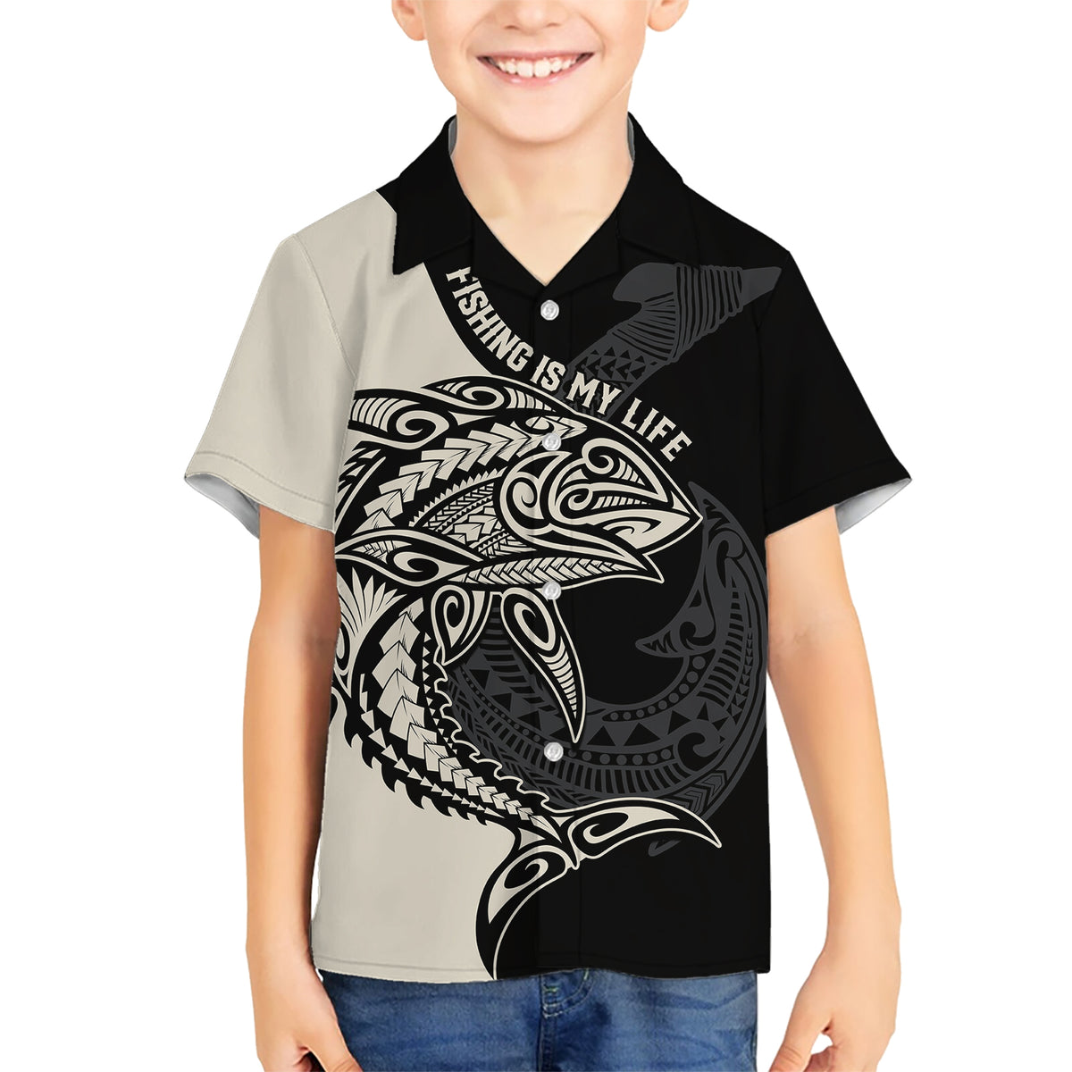 Personalised Polynesia Fishing Kid Hawaiian Shirt With Maori Hei Matau Fish Hook Gold Art - Wonder Print Shop