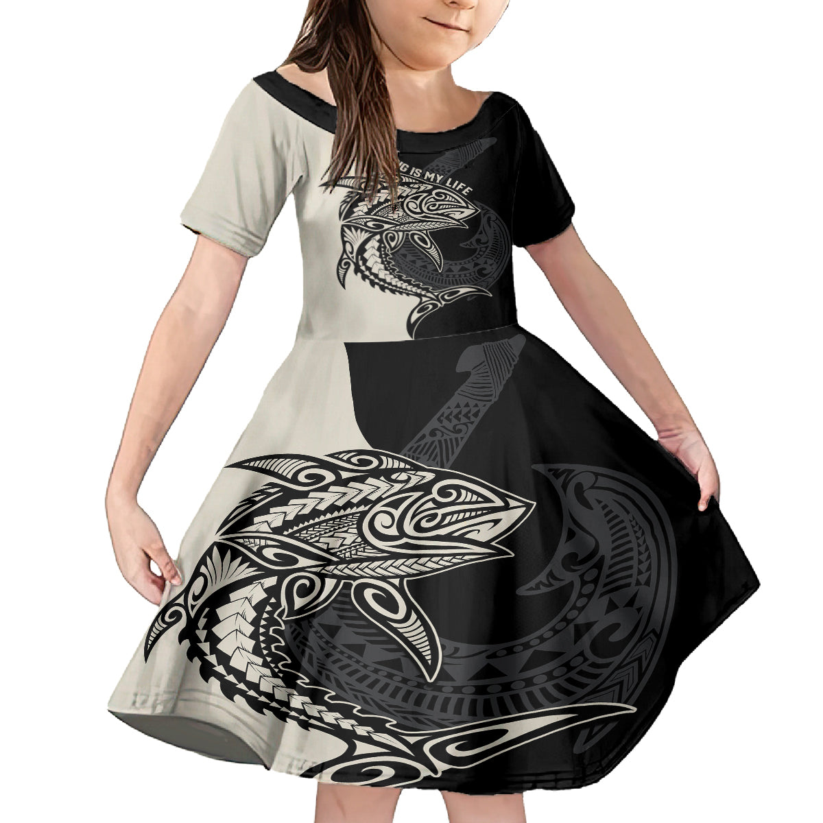 Personalised Polynesia Fishing Kid Short Sleeve Dress With Maori Hei Matau Fish Hook Gold Art - Wonder Print Shop