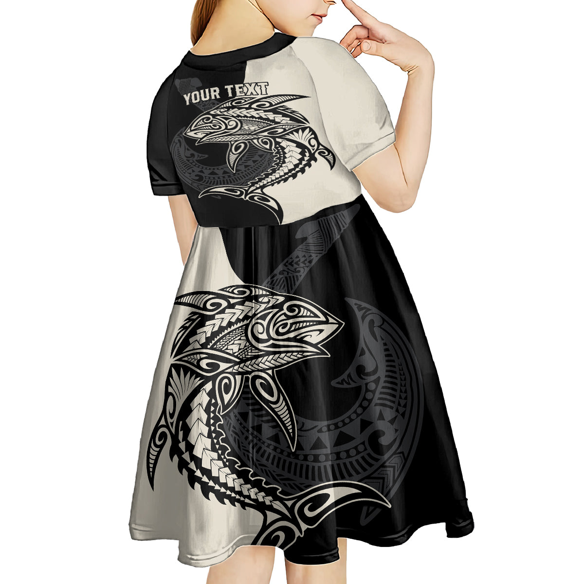 Personalised Polynesia Fishing Kid Short Sleeve Dress With Maori Hei Matau Fish Hook Gold Art - Wonder Print Shop