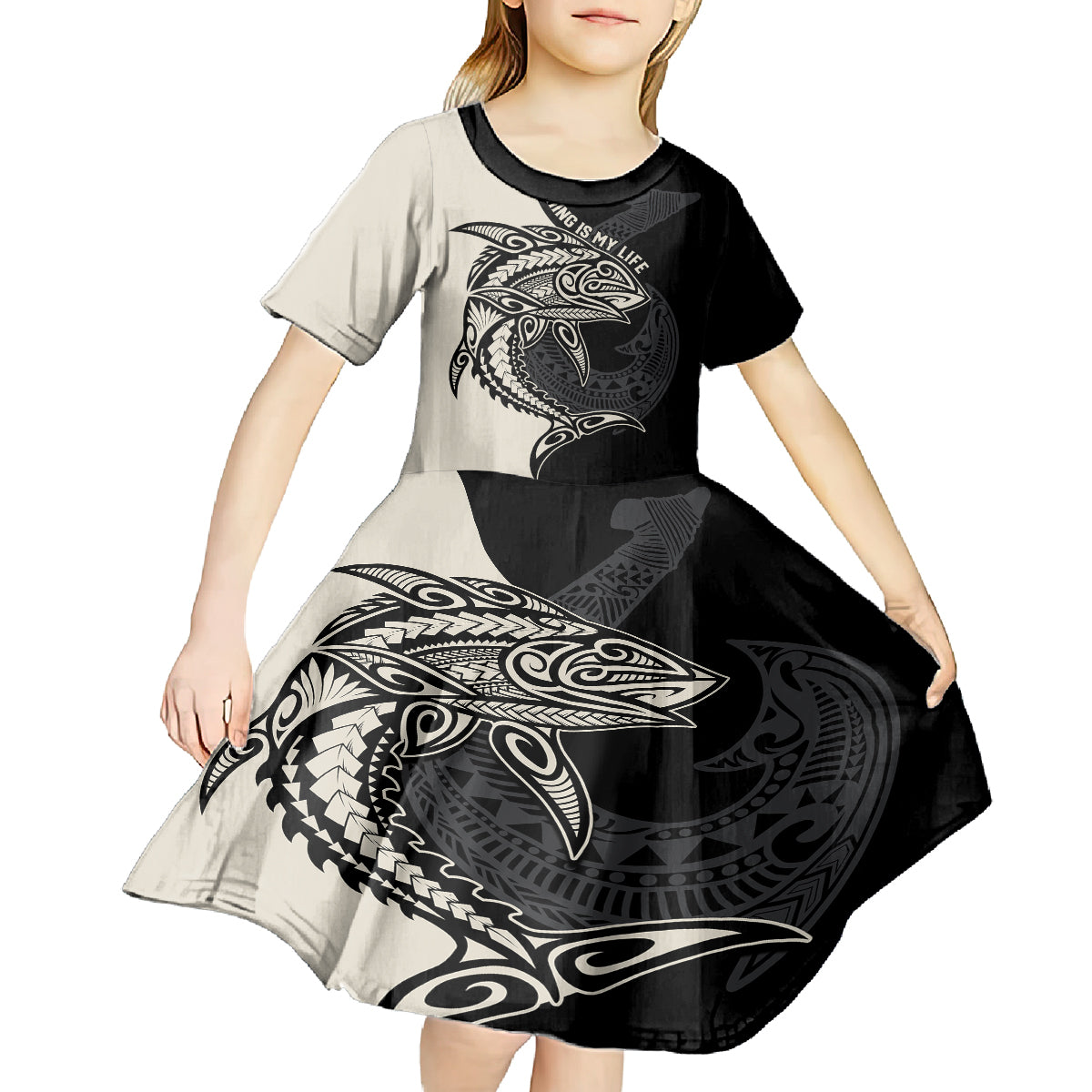 Personalised Polynesia Fishing Kid Short Sleeve Dress With Maori Hei Matau Fish Hook Gold Art - Wonder Print Shop