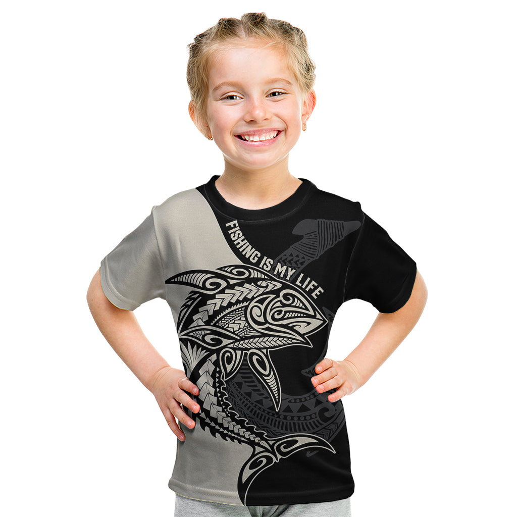 Personalised Polynesia Fishing Kid T Shirt With Maori Hei Matau Fish Hook Gold Art - Wonder Print Shop