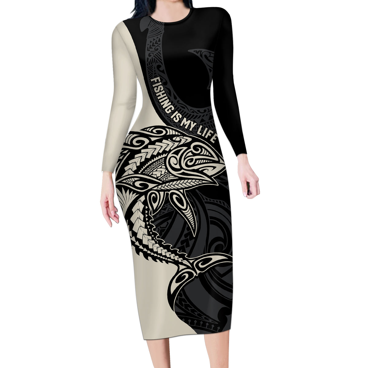 Personalised Polynesia Fishing Long Sleeve Bodycon Dress With Maori Hei Matau Fish Hook Gold Art - Wonder Print Shop