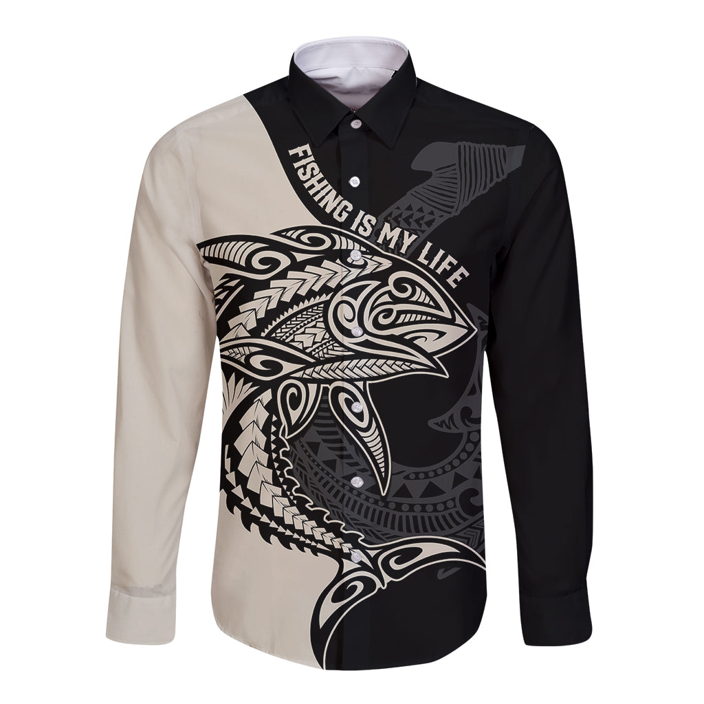 Personalised Polynesia Fishing Long Sleeve Button Shirt With Maori Hei Matau Fish Hook Gold Art - Wonder Print Shop