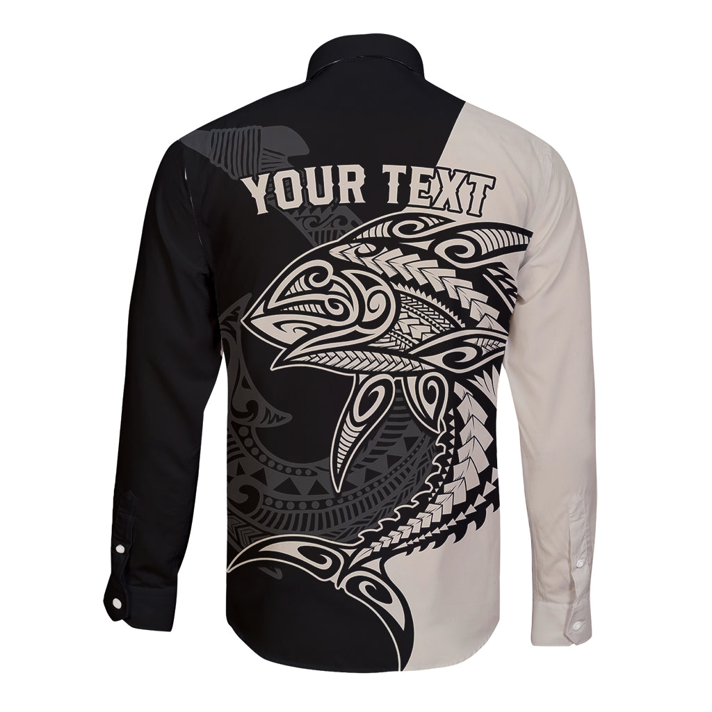 Personalised Polynesia Fishing Long Sleeve Button Shirt With Maori Hei Matau Fish Hook Gold Art - Wonder Print Shop