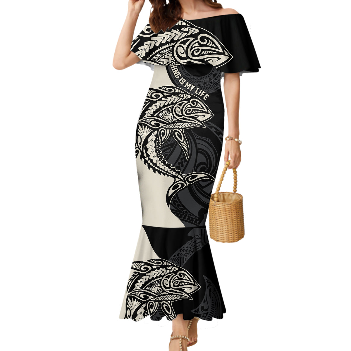 Personalised Polynesia Fishing Mermaid Dress With Maori Hei Matau Fish Hook Gold Art - Wonder Print Shop