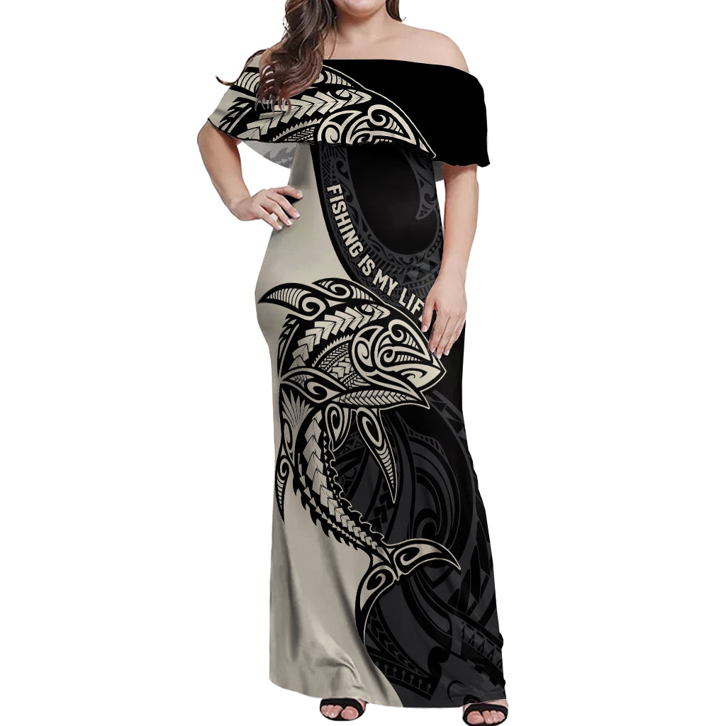 Personalised Polynesia Fishing Off Shoulder Maxi Dress With Maori Hei Matau Fish Hook Gold Art - Wonder Print Shop
