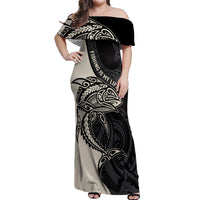 Personalised Polynesia Fishing Off Shoulder Maxi Dress With Maori Hei Matau Fish Hook Gold Art - Wonder Print Shop