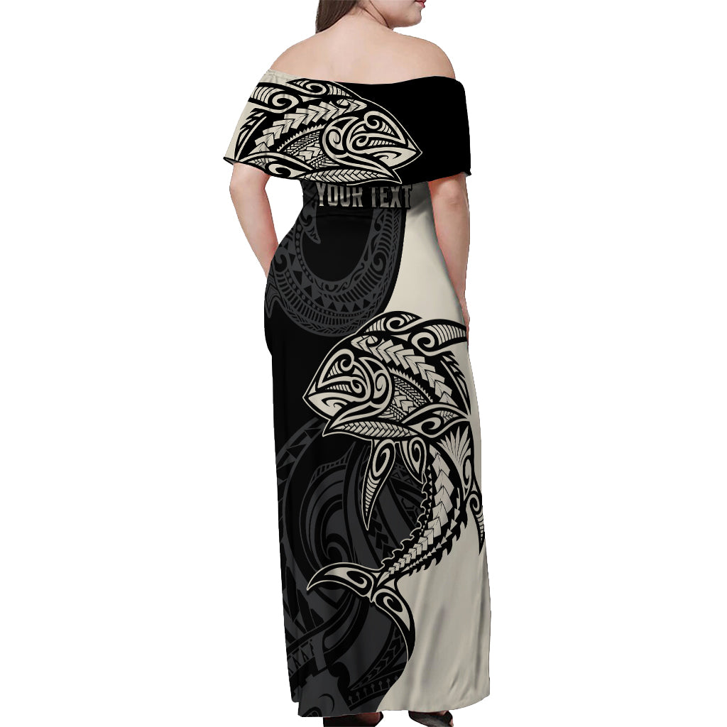 Personalised Polynesia Fishing Off Shoulder Maxi Dress With Maori Hei Matau Fish Hook Gold Art - Wonder Print Shop