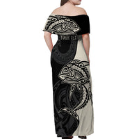Personalised Polynesia Fishing Off Shoulder Maxi Dress With Maori Hei Matau Fish Hook Gold Art - Wonder Print Shop