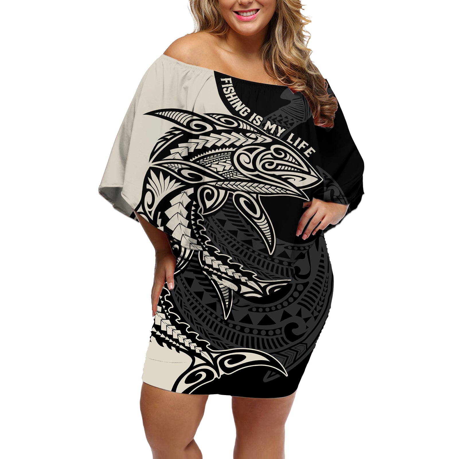 Personalised Polynesia Fishing Off Shoulder Short Dress With Maori Hei Matau Fish Hook Gold Art - Wonder Print Shop
