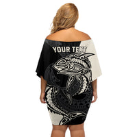Personalised Polynesia Fishing Off Shoulder Short Dress With Maori Hei Matau Fish Hook Gold Art - Wonder Print Shop