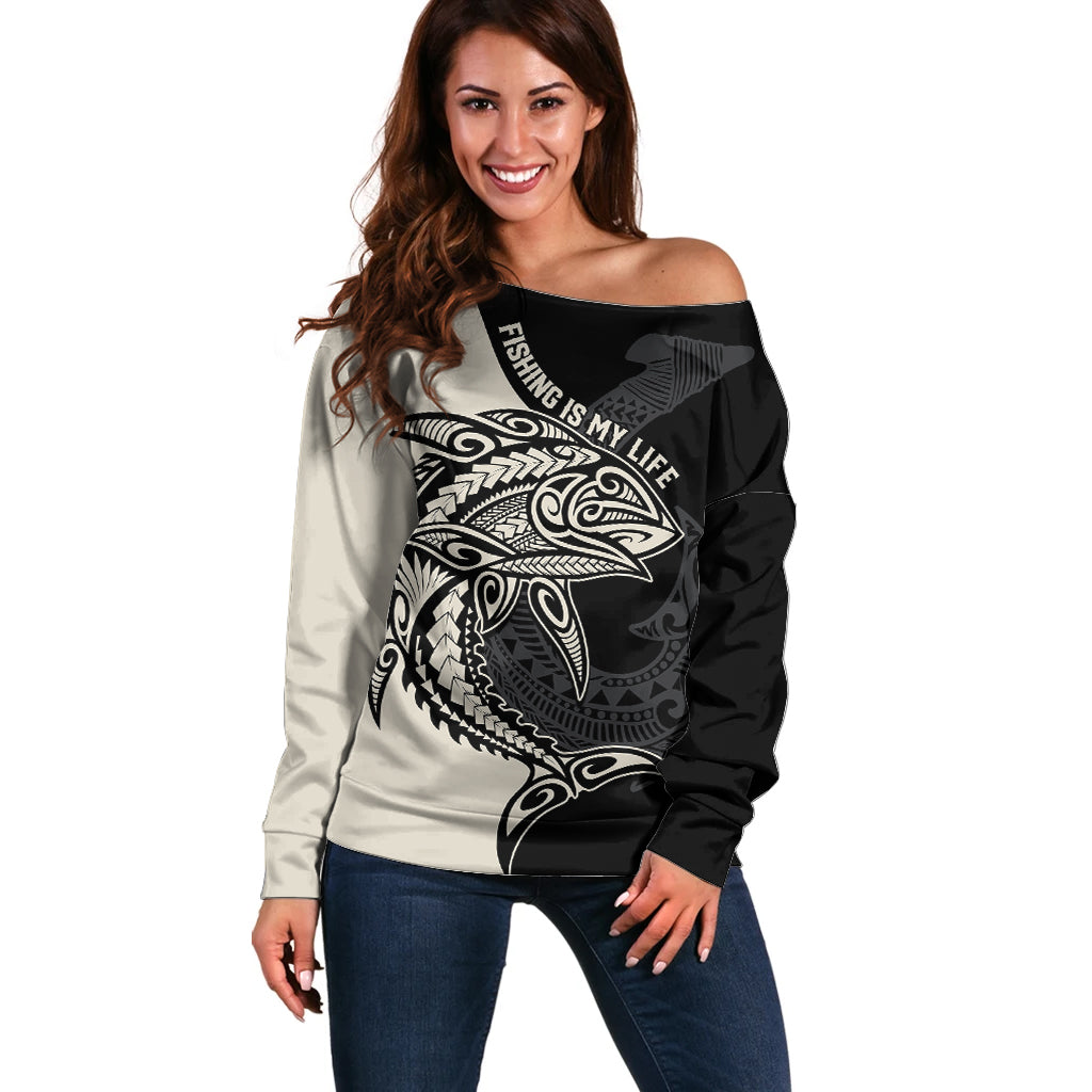 Personalised Polynesia Fishing Off Shoulder Sweater With Maori Hei Matau Fish Hook Gold Art - Wonder Print Shop