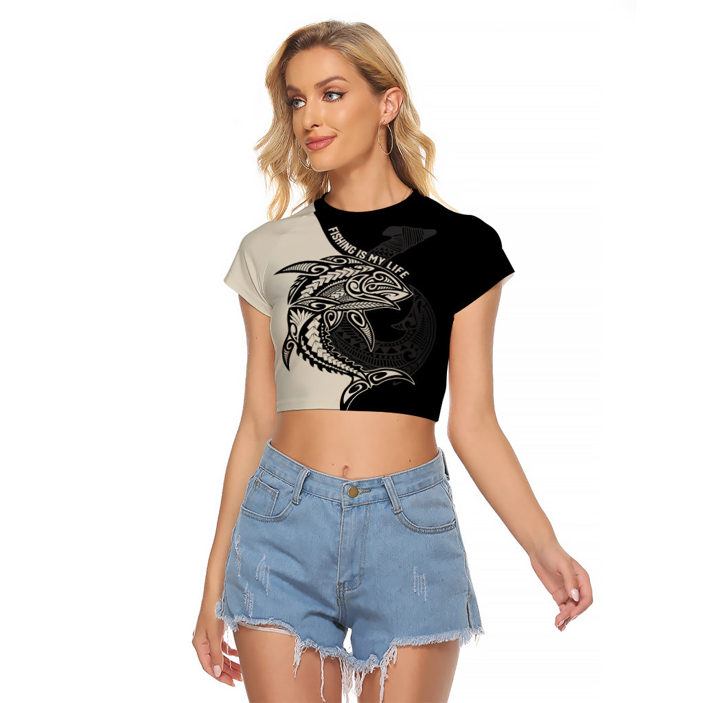 Personalised Polynesia Fishing Raglan Cropped T Shirt With Maori Hei Matau Fish Hook Gold Art - Wonder Print Shop