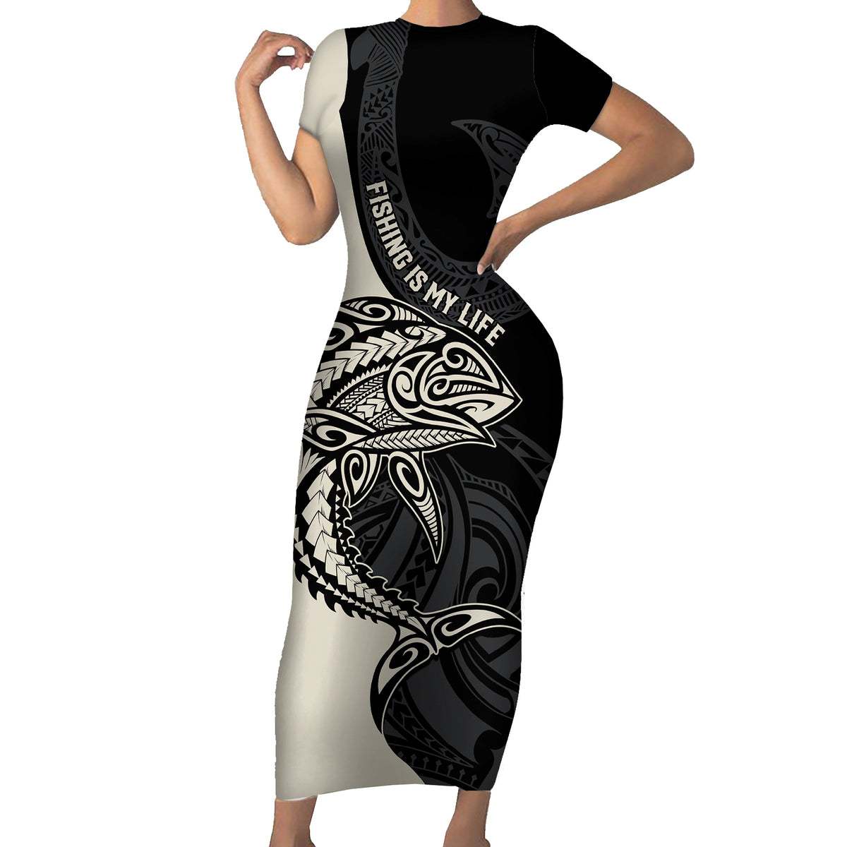 Personalised Polynesia Fishing Short Sleeve Bodycon Dress With Maori Hei Matau Fish Hook Gold Art - Wonder Print Shop