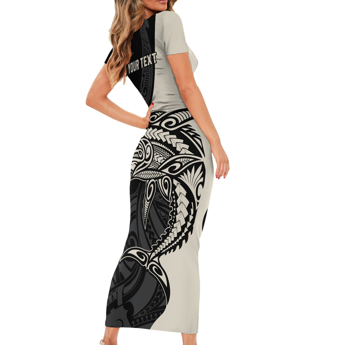 Personalised Polynesia Fishing Short Sleeve Bodycon Dress With Maori Hei Matau Fish Hook Gold Art - Wonder Print Shop