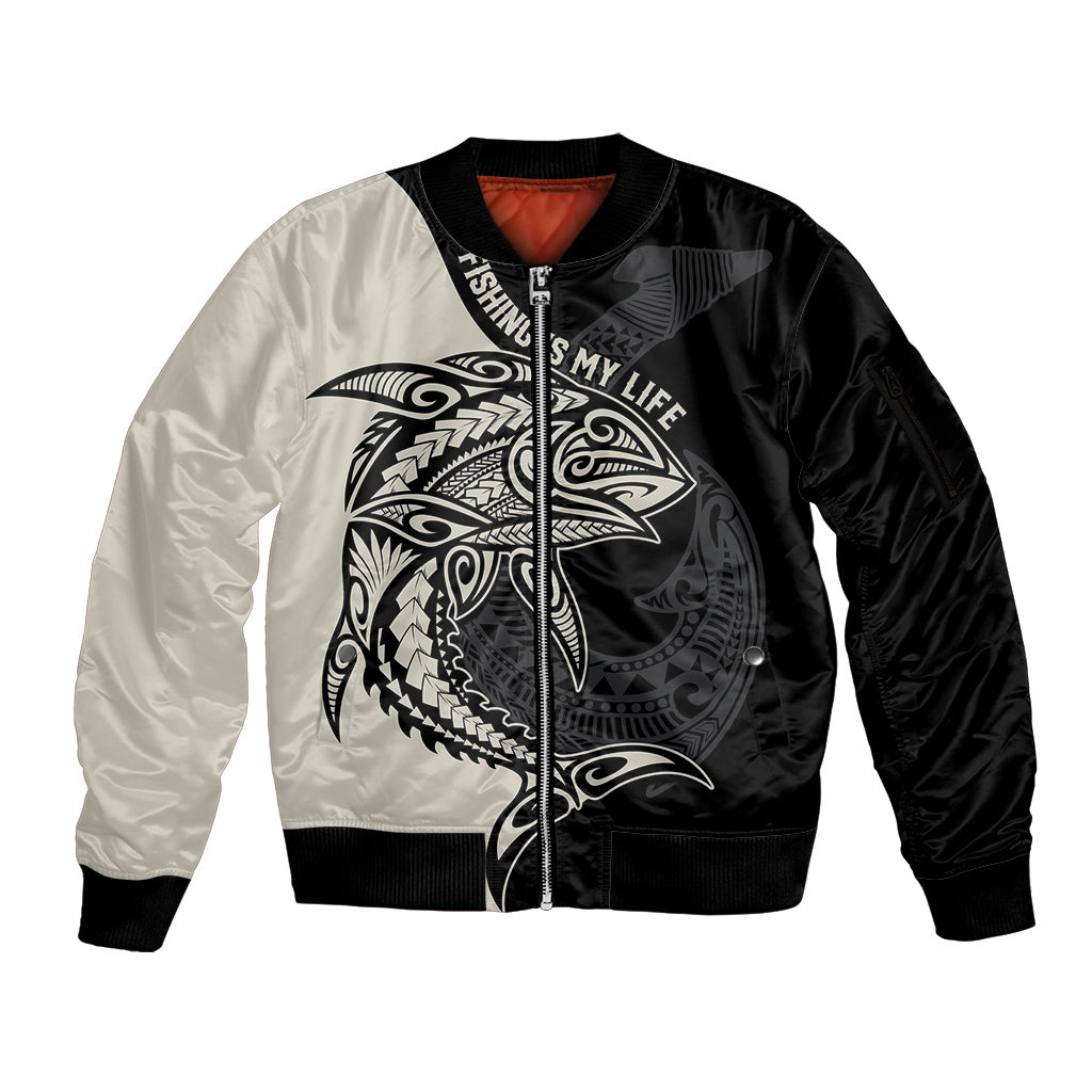 Personalised Polynesia Fishing Sleeve Zip Bomber Jacket With Maori Hei Matau Fish Hook Gold Art - Wonder Print Shop