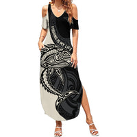 Personalised Polynesia Fishing Summer Maxi Dress With Maori Hei Matau Fish Hook Gold Art - Wonder Print Shop