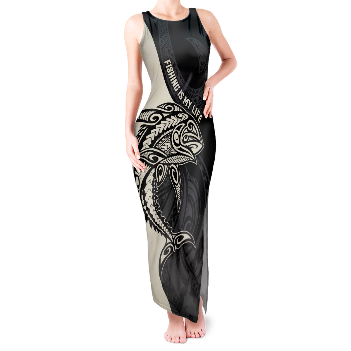 Personalised Polynesia Fishing Tank Maxi Dress With Maori Hei Matau Fish Hook Gold Art - Wonder Print Shop