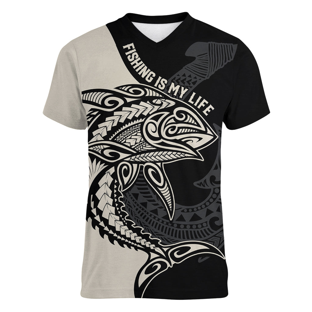 Personalised Polynesia Fishing Women V Neck T Shirt With Maori Hei Matau Fish Hook Gold Art - Wonder Print Shop
