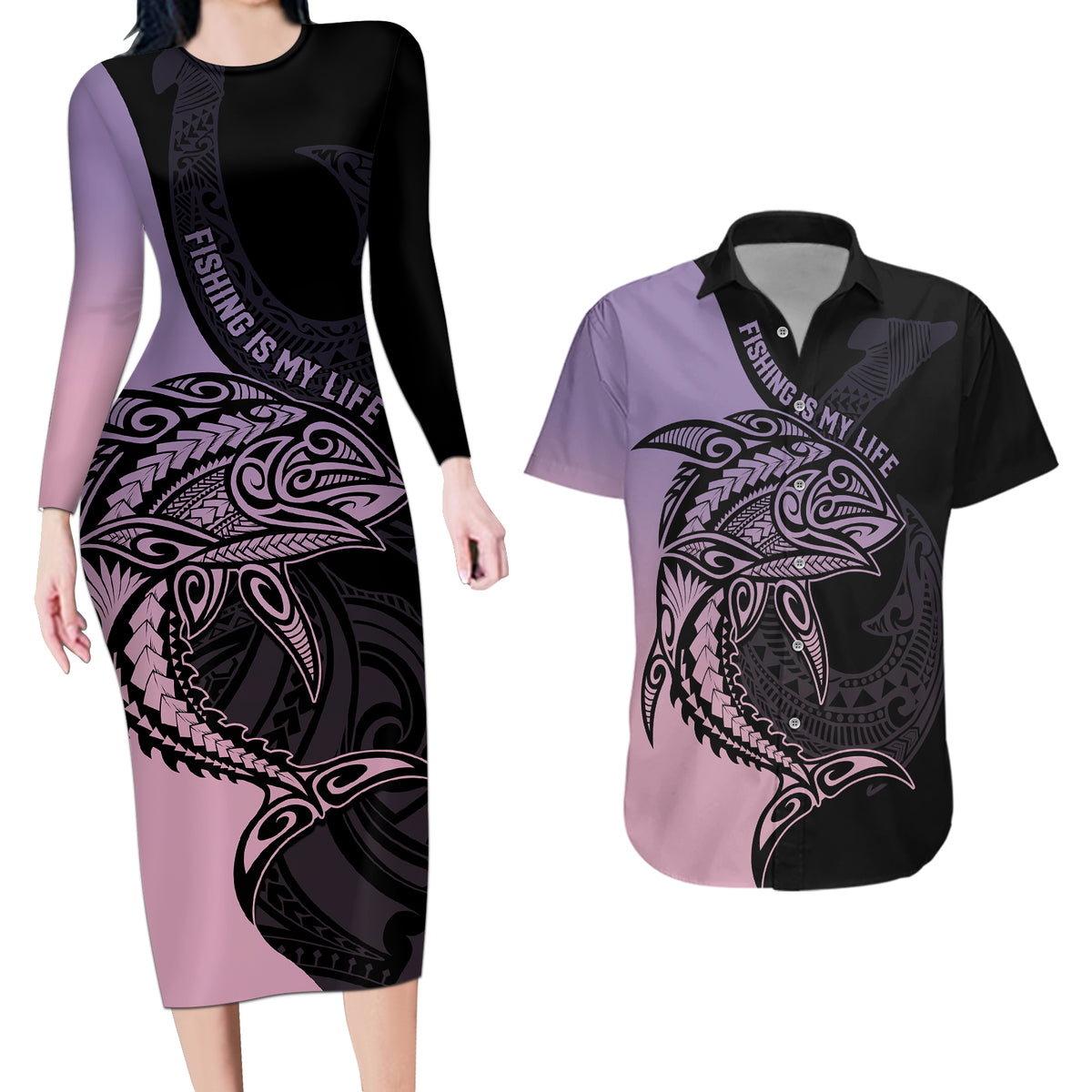 Personalised Polynesia Fishing Couples Matching Long Sleeve Bodycon Dress and Hawaiian Shirt With Maori Hei Matau Fish Hook Pastel Art LT9 - Wonder Print Shop