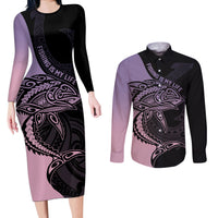 Personalised Polynesia Fishing Couples Matching Long Sleeve Bodycon Dress and Long Sleeve Button Shirts With Maori Hei Matau Fish Hook Pastel Art LT9 - Wonder Print Shop