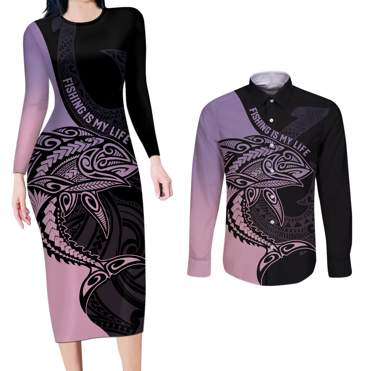 Personalised Polynesia Fishing Couples Matching Long Sleeve Bodycon Dress and Long Sleeve Button Shirts With Maori Hei Matau Fish Hook Pastel Art LT9 - Wonder Print Shop