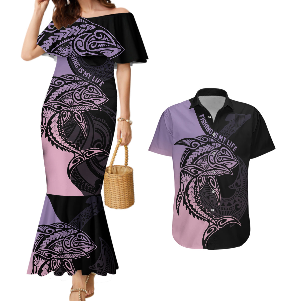 Personalised Polynesia Fishing Couples Matching Mermaid Dress and Hawaiian Shirt With Maori Hei Matau Fish Hook Pastel Art LT9 - Wonder Print Shop