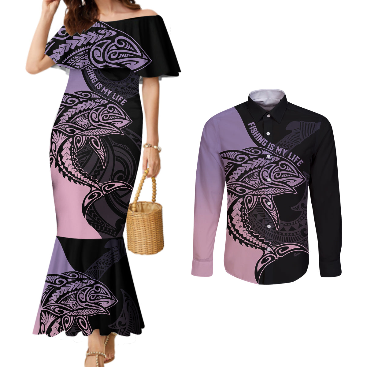 personalised-polynesia-fishing-couples-matching-mermaid-dress-and-long-sleeve-button-shirts-with-maori-hei-matau-fish-hook-pastel-art