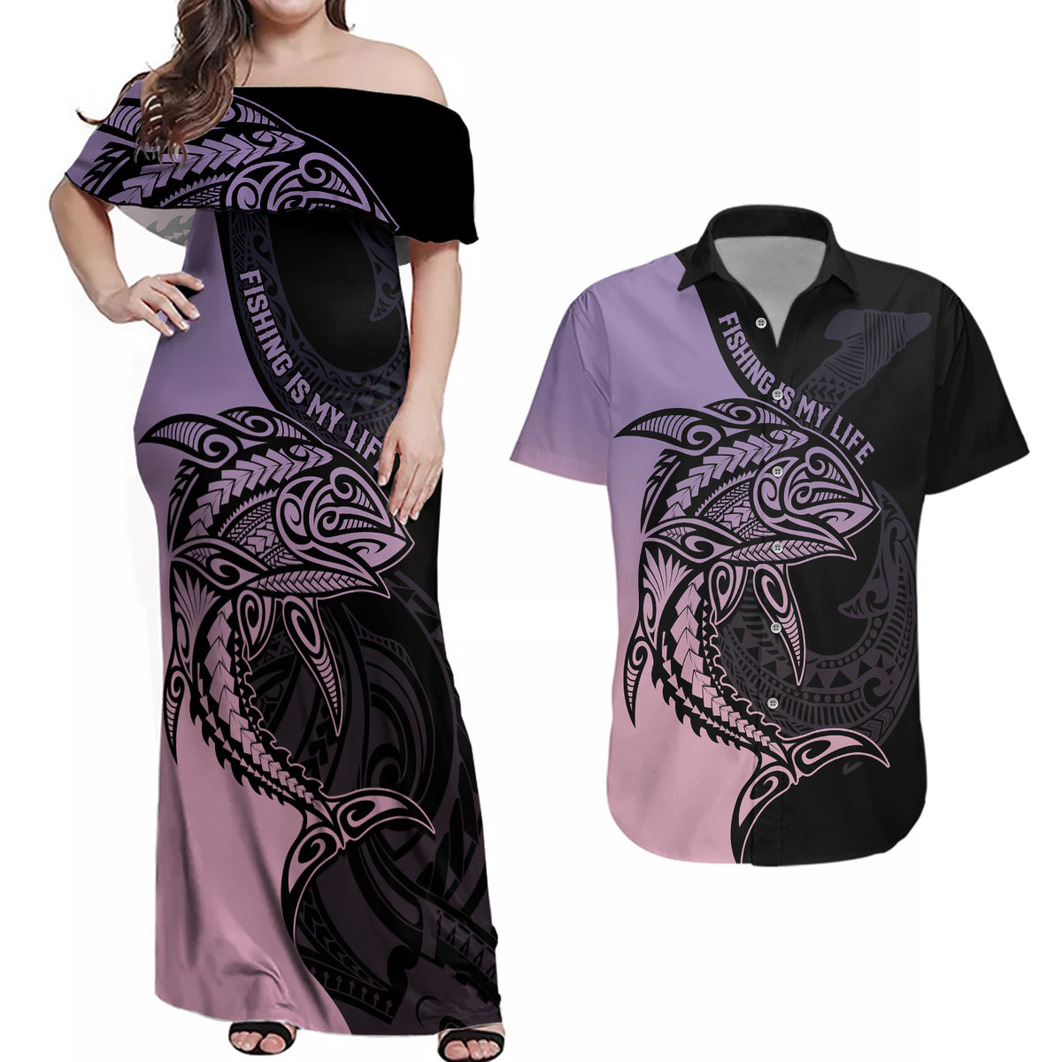 Personalised Polynesia Fishing Couples Matching Off Shoulder Maxi Dress and Hawaiian Shirt With Maori Hei Matau Fish Hook Pastel Art LT9 - Wonder Print Shop