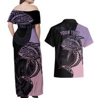 Personalised Polynesia Fishing Couples Matching Off Shoulder Maxi Dress and Hawaiian Shirt With Maori Hei Matau Fish Hook Pastel Art LT9 - Wonder Print Shop