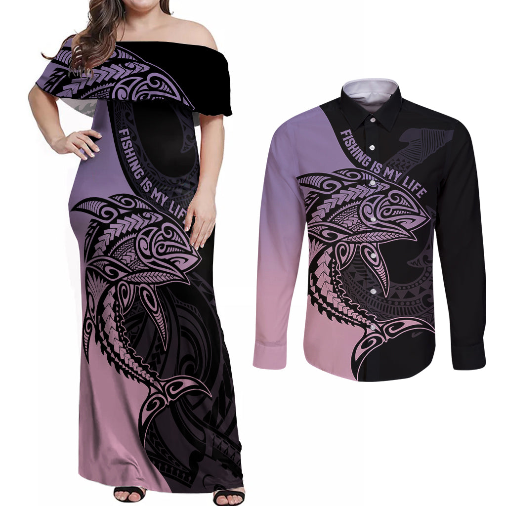 Personalised Polynesia Fishing Couples Matching Off Shoulder Maxi Dress and Long Sleeve Button Shirts With Maori Hei Matau Fish Hook Pastel Art LT9 - Wonder Print Shop