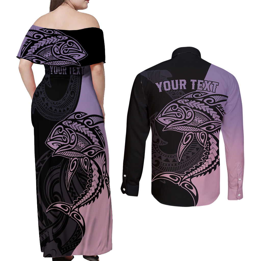 Personalised Polynesia Fishing Couples Matching Off Shoulder Maxi Dress and Long Sleeve Button Shirts With Maori Hei Matau Fish Hook Pastel Art LT9 - Wonder Print Shop