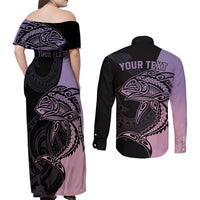 Personalised Polynesia Fishing Couples Matching Off Shoulder Maxi Dress and Long Sleeve Button Shirts With Maori Hei Matau Fish Hook Pastel Art LT9 - Wonder Print Shop